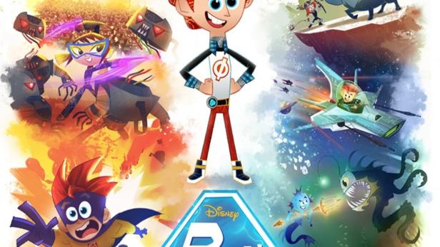 Das Poster für die Disney-Serie „Penn Zero: Teilzeitheld“ zeigt Penn inmitten verschiedener Abenteuer.