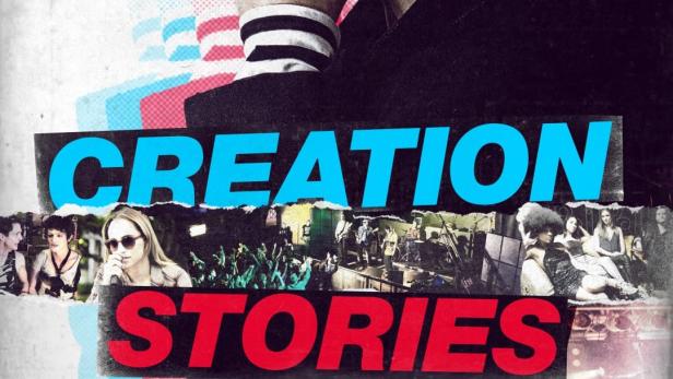 Das Filmplakat für „Creation Stories“ zeigt einen Mann, der eine Zigarette raucht, und Konzertaufnahmen.
