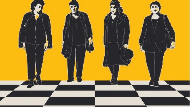 Das Filmplakat zu „Glory to the Queen“ zeigt vier Schachspielerinnen auf einem Schachbrettmuster.