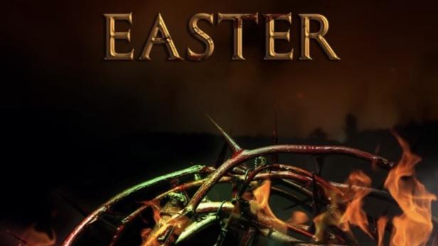 Das Filmplakat für „Black Easter“ zeigt eine Dornenkrone vor einem Hintergrund aus Flammen.