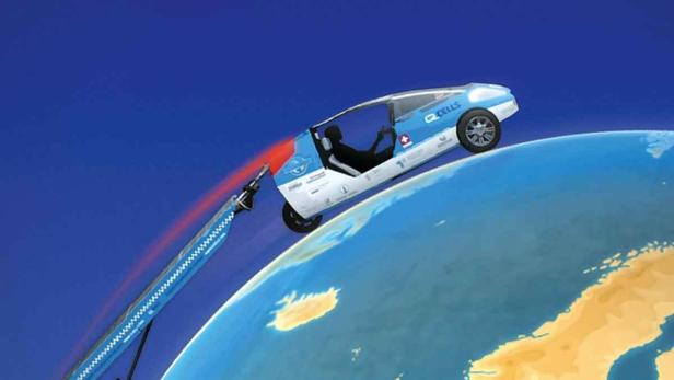 Das Filmplakat für „Solartaxi – Um die Welt mit der Kraft der Sonne“ zeigt ein Solarauto über der Erde.