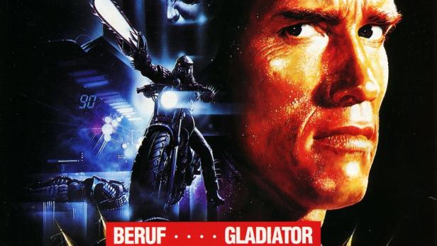 Das Filmplakat für „Running Man“ zeigt Arnold Schwarzenegger und einen Gladiator auf einem Motorrad.