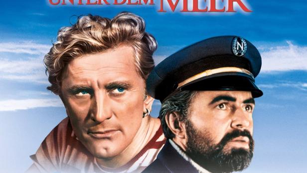 Das Filmplakat für Walt Disneys „20.000 Meilen unter dem Meer“ mit Kirk Douglas und James Mason.