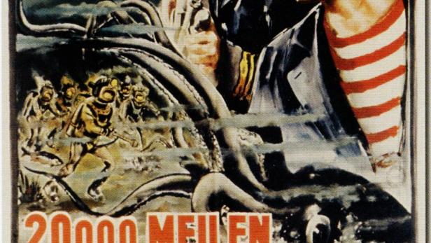Das Filmplakat für „20.000 Meilen unter dem Meer“ mit Kirk Douglas und James Mason vor einem Kraken.