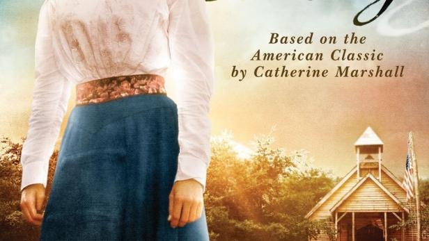 Das Filmplakat für „Christy“ zeigt Kellie Martin vor einer ländlichen Szene mit einer kleinen Kirche.