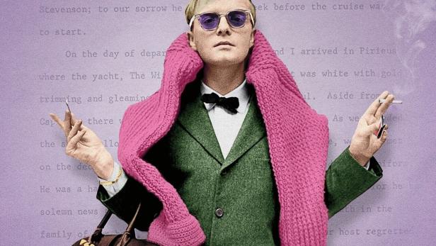 Das Filmplakat zu „The Capote Tapes“ zeigt einen Mann mit Sonnenbrille, Schal und Zigarette vor lila Hintergrund.