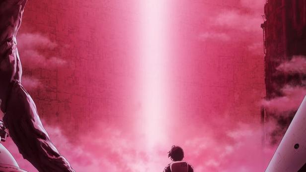Ein Charakter aus „Knights of Sidonia“ blickt auf eine rosafarbene, futuristische Landschaft.