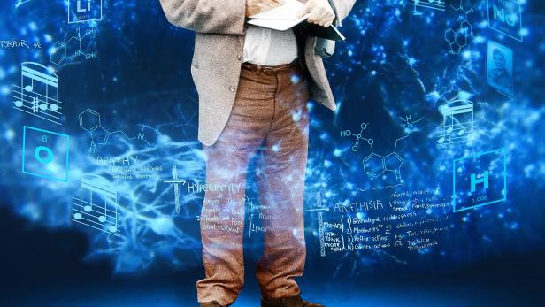 Das Filmplakat für „Oliver Sacks: His Own Life“ zeigt Sacks mit Notizen, umgeben von wissenschaftlichen Notizen.