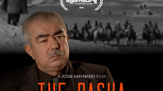 Das Filmplakat für „The Pasha“ zeigt General Abdul Rashid Dostum vor einem verschwommenen Hintergrund.