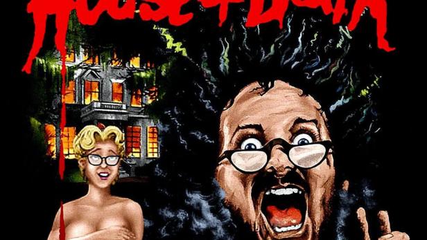 Das Cover des Films „Bloodbath at the House of Death“ zeigt einen schreienden Mann, eine Frau und ein blutiges Badezimmer.