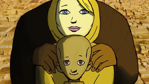 Das animierte Filmplakat zeigt eine Familie vor einer Stadtansicht für „Moje Slunce Mad“.