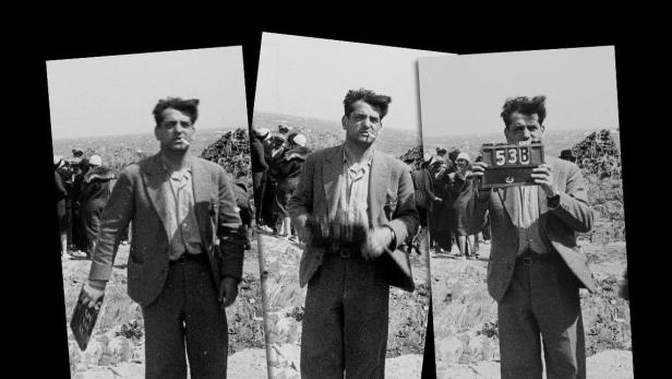 Das Filmplakat für „Buñuel, ein surrealistischer Filmemacher“ zeigt drei Schwarzweißfotos von Luis Buñuel.