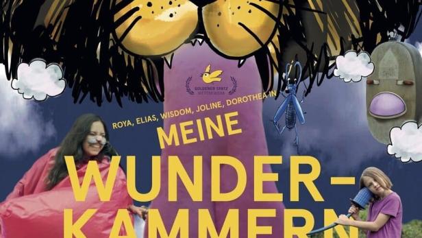 Das Filmplakat für „Meine Wunderkammern“ zeigt eine Collage mit einem Löwenkopf und mehreren Kindern.