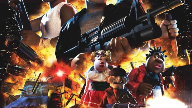 Das Filmplakat für „Chuck Steel: Night of the Trampires“ zeigt bewaffnete Figuren vor einer apokalyptischen Stadtlandschaft.