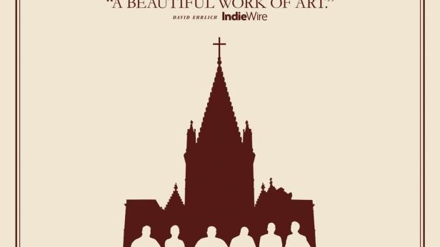 Das Filmplakat für „Procession“ zeigt eine stilisierte Silhouette einer Kirche und sechs Männer.
