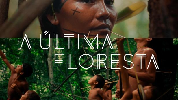 Ein Collagenbild aus dem Film „A Última Floresta“ mit indigenen Personen im Amazonasgebiet.