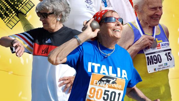 Mehrere ältere Athleten bei einem Sportwettkampf mit dem Titel „Herbstgold“.