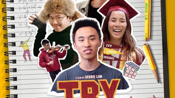 Das Filmplakat für „Try Harder!“ zeigt eine Collage von Schülern vor einem Notizbuch-Hintergrund.