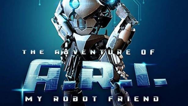 Ein lächelnder Roboter steht vor einem blauen Hintergrund mit dem Titel „The Adventure of Ari: My Robot Friend“.