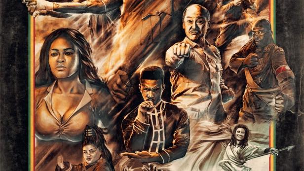 Das Filmplakat für „African Kung-Fu Nazis“ zeigt eine Collage von Figuren, darunter eine stilisierte Hitler-Figur.