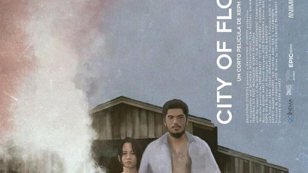 Ein Mann mit einer Harke und eine schwangere Frau stehen vor einem Haus, Blumen im Vordergrund.