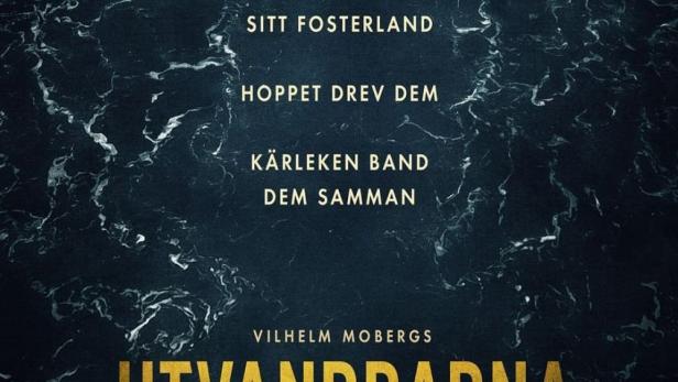 Das Filmplakat für „Utvandrarna“ zeigt Lisa Carlehed, Gustaf Skarsgård und Tove Lo vor einem Hintergrund aus dunklem Wasser.