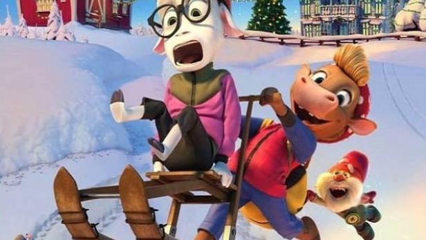 Das animierte Filmplakat für „Jul på Kutoppen“ zeigt eine aufregende Schlittenfahrt im Schnee.