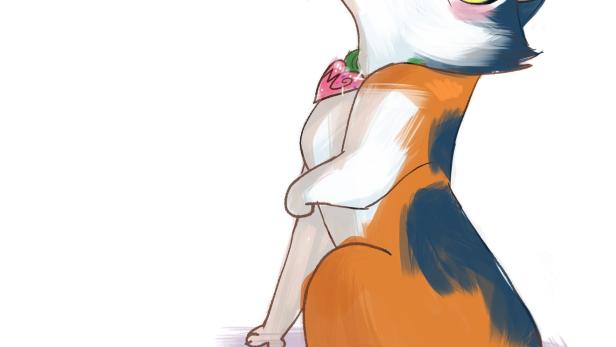 Eine Cartoon-Katze namens Miss Moxy mit verschränkten Armen und einem rosa Halstuch.