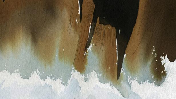 Aquarellmalerei mit dem Titel „Slocum“ und einem Segelboot auf dem Wasser.