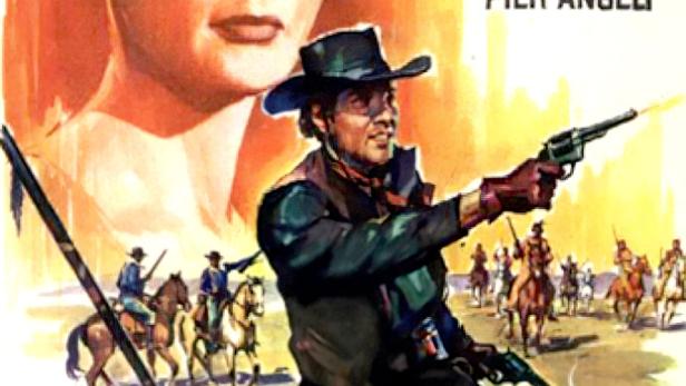 Ein Cowboy zieht seine Waffe, im Hintergrund eine Frau und weitere Reiter; Filmposter.