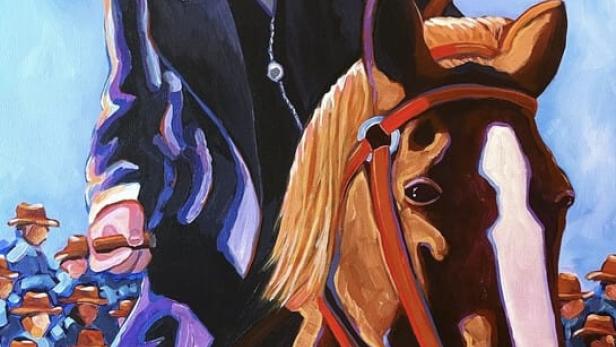 Ein Gemälde für „Jews of the Wild West“ zeigt einen Mann mit Bart, der auf einem Pferd reitet.