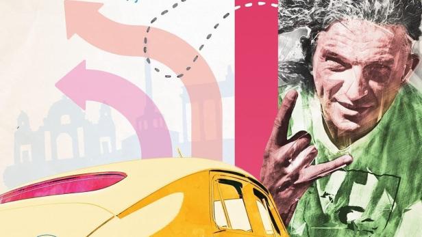 Das Buchcover „Ich, ‚Pobeda‘ und Berlin“ von Kusma Skrjabin mit einem gelben Auto und dem Autor.