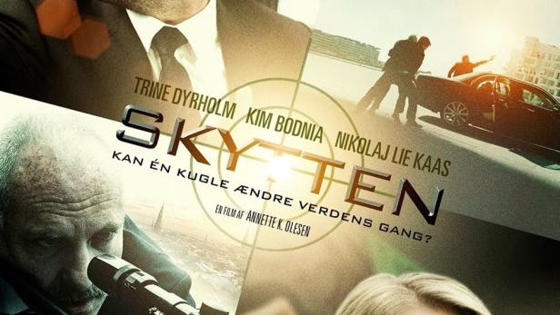Das Filmplakat für „Skytten“ zeigt mehrere Szenen mit den Hauptdarstellern.