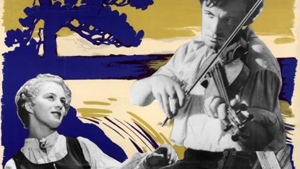 Ein Mann spielt Geige, während eine Frau ihm zusieht, auf dem Filmplakat zu „Driver Dagg faller regn“.