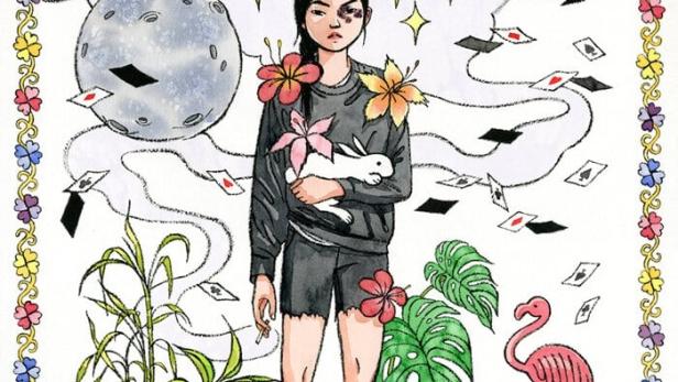 Illustration für „Marvelous and the Black Hole“ mit einer jungen Frau, die ein Kaninchen hält.