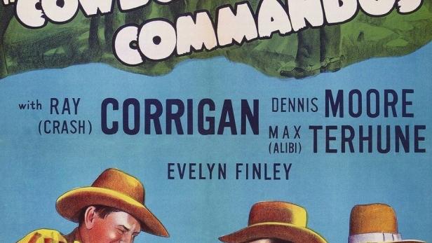 Das Filmplakat für „Cowboy Commandos“ zeigt Cowboys zu Pferd und am Boden mit Pistolen.