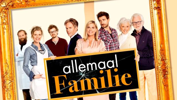 Das Filmplakat für „Allemaal Familie“ zeigt eine Gruppe von Menschen in einem goldenen Rahmen.