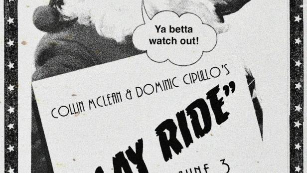 Ein schwarz-weißes Filmposter für „Slay Ride“ mit einem Weihnachtsmann und einer Kettensäge.
