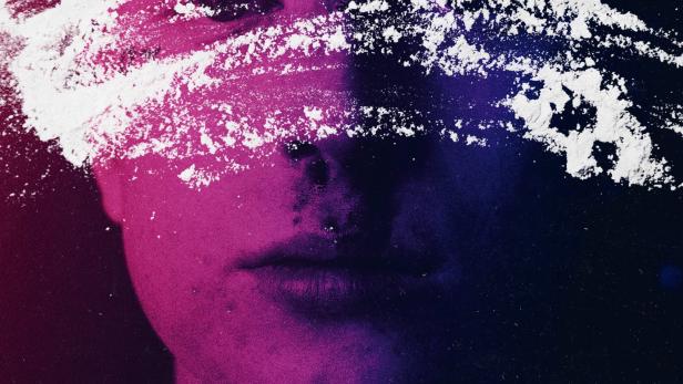 Das Filmplakat für „Banger“ zeigt ein Gesicht mit einer weißen Substanz über den Augen.