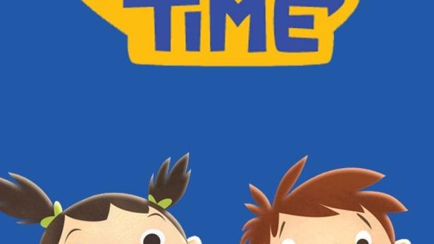 Das Logo der Kinderserie „Justin Time“ mit den Hauptfiguren Justin, Olive und Squidgy.