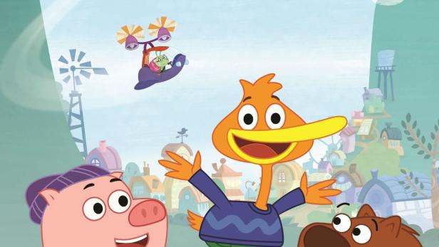 Szene mit P.King Duckling, einem Schwein und einem Bären vor einer Cartoon-Stadt.