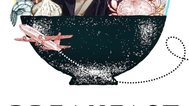 Das Poster für „Breakfast, Lunch & Dinner“ zeigt David Chang mit Gästen in einer Schüssel mit Speisen und einem Flugzeug.