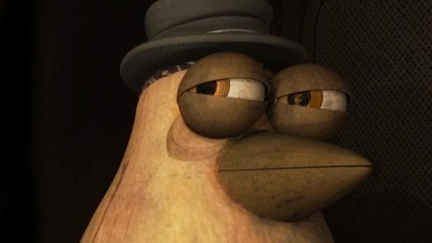 Ein stilisierter Vogel in Anzug und Fliege, Titelbild für „Maestro“ von Géza M. Tóth.