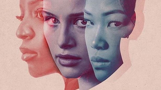 Das Filmplakat für „Jane“ zeigt drei Frauen mit überlagerten Gesichtern.