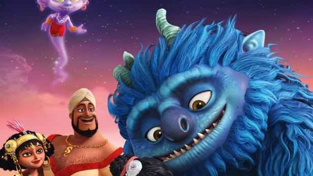 Das Filmplakat für „Sherazade: The Untold Stories“ zeigt Sherazade, einen Dschinn und ein blaues Monster.