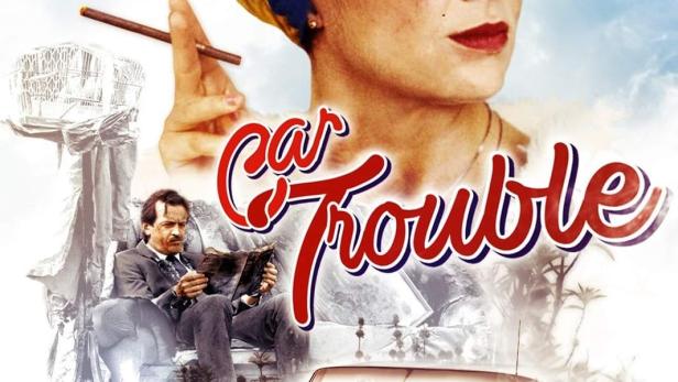 Das Filmplakat für „Car Trouble“ zeigt eine Frau mit Turban, einen Mann mit Zeitung und einen roten Oldtimer.