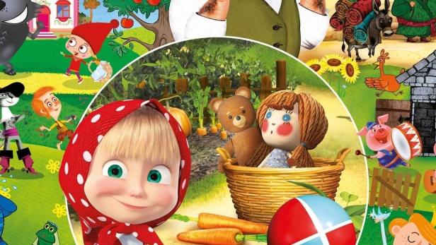 Das Cover von „Maschas Märchen“ zeigt Mascha in einer Märchenwelt mit verschiedenen Figuren.