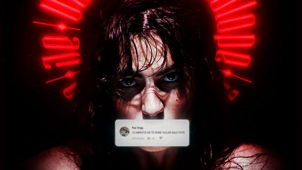 Das Filmplakat für „Je Vous Salue Salope“ zeigt eine Frau mit einem Hasskommentar über dem Mund.