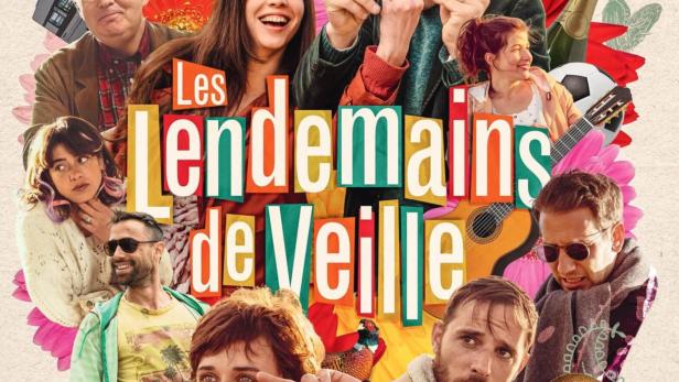 Das Filmplakat für „Les lendemains de veille“ zeigt eine Collage von Schauspielern und Requisiten.