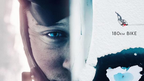 Ein Poster für „Project Iceman“, ein Rennen mit Laufen, Radfahren und Schwimmen in der Antarktis.